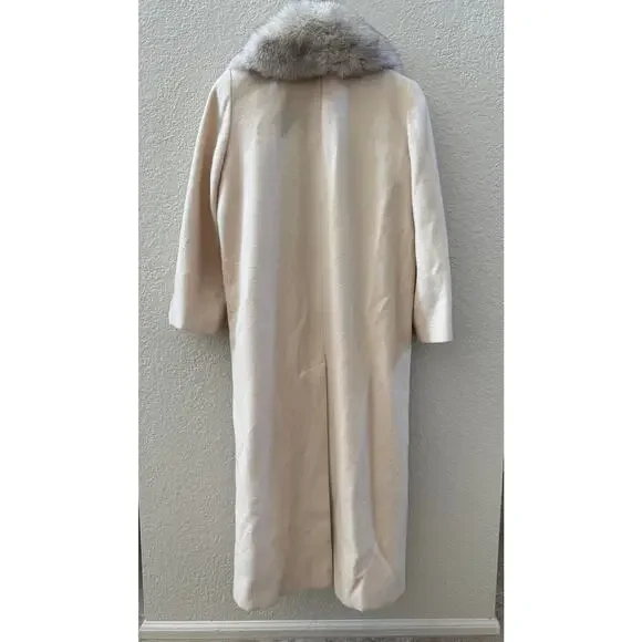 Vintage 1980's 100% Pure Wool Cream Fur Collar Long Coat - Picture 3 of 8